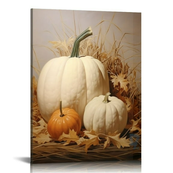 JRXY Farmhouse Fall Canvas Wall Art White Pumpkin Still Life Painting Pictures Rustic Farm Pumpkin Fall Leaves Posters Halloween Thanksgiving Autumn Wall Print Decor 12x16 16x20 in