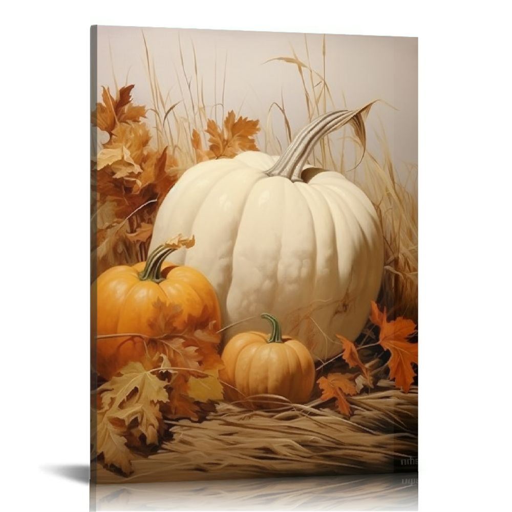 JRXY Farmhouse Fall Canvas Wall Art White Pumpkin Still Life Painting Pictures Rustic Farm Pumpkin Fall Leaves Posters Halloween Thanksgiving Autumn Wall Print Decor 16x20 in