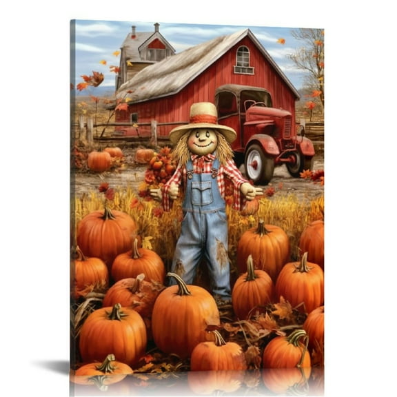 JRXY Farmhouse Fall Wall Art Scarecrow Pumpkin Patch Harvest Decor Canvas Prints Autumn Barn Truck Painting Home Thanksgiving Gift 12x16 in