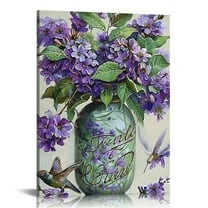 JRXY Farmhouse Lavender Bathroom Flower Decor Wall Art Just Breathe Rustic Hummingbird Floral Purple Pictures Wall Decor Canvas Painting Prints Artwork Home Decorations Framed for Bedroom 12x16 in