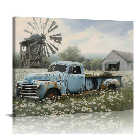 JRXY Farmhouse Old Truck Canvas Wall Art, Old Barn Pictures Wall Art, Country Vintage Pickup Truck Canvas Prints, Blue Truck With White Petunias Art Prints for Country Farmhouse Decor 16x12in