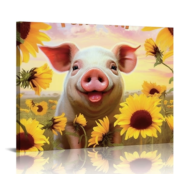 JRXY  Farmhouse Pig Canvas Wall Art Cute Pig Sunflower Painting Country Wall Decor Framed Rustic Posters Home for Living Room Bedroom Bathroom Decoration  20x16in