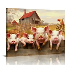 JRXY Farmhouse Pig Wall Art Cute Pigs Old Barn Truck Pictures Wall Decor Country Animal Canvas Print Painting Rustic Funny Artwork For Bathroom Kitchen Bedroom Living Room Framed 20x16in