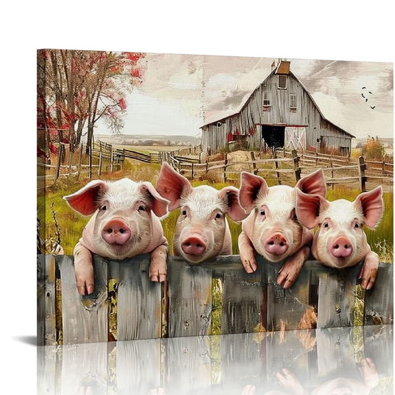 JRXY Farmhouse Pig Wall Art Cute Pigs Old Barn Truck Pictures Wall Decor Country Animal Canvas Print Painting Rustic Funny Artwork For Bathroom Kitchen Bedroom Living Room Framed 16x12in