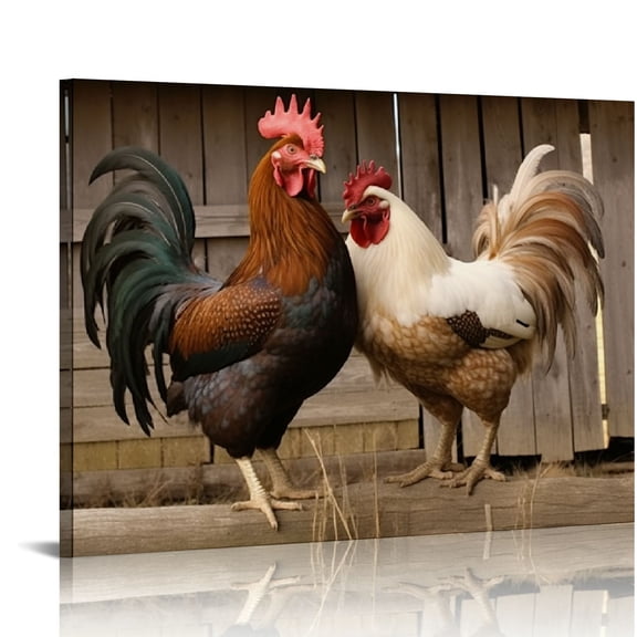 JRXY Farmhouse Rooster Wall Art Rustic Chicken Old Barn Pictures Wall Decor Country Rooster Hen Canvas Print Painting Framed Home Artwork For Bathroom Bedroom Kitchen Office 16x12in