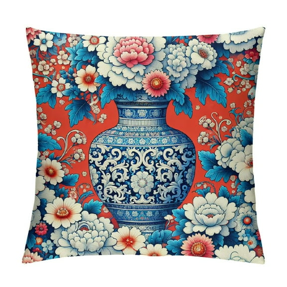 JRXY Farmhouse Throw Pillow Cover with Zipper Orange Red Chinoiserie Floral Blue and White Porcelain Vase Pillow Cases Cushion Cover for Office Living Room Bedroom Car Chair Home Decorations 12x12in