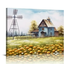 JRXY Farmhouse Wall Art Teal Old Barn Windmill and Flowers Picture Canvas Prints Modern Artwork Rustic Country Farm Decor Framed 20x16in