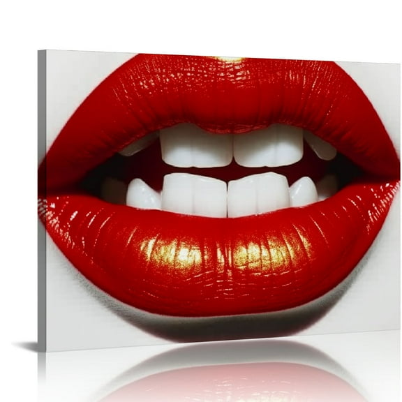JRXY Fashion and Glam Wall Art Canvas Prints Glistening Lips Lipstick Makeup Home Décor, Red, White 16x12in