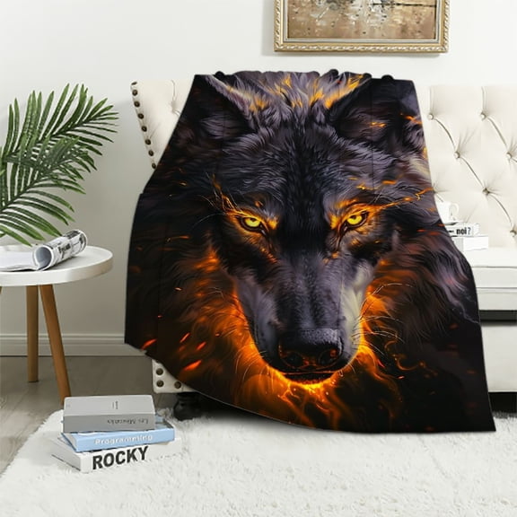 JRXY Fire Wolf Throw Blanket, Lightweight Gothic Wolf Blanket, Flickering Light, Powerful Symbolism, Flannel Fabric,  310 GSM, No-Fading, Single Side Printed White