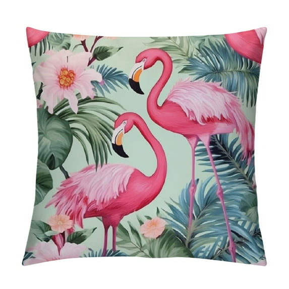 JRXY Flamingo Pillow Covers Palm Tree Tropical Leaves Flowers Pillowcases Pink Flamingos Green Leaf Decorative Pillow Cases for Outdoor Indoor Home Bedroom White