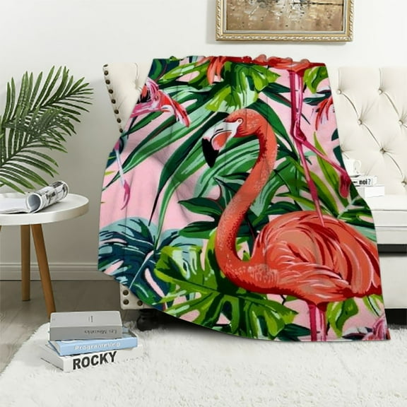 JRXY Flamingo Plush Blanket Tropical Palm Leaves Flamingo Plush Blanket Pink Flamingo Throw Blanket Bird Print Fuzzy Blanket White