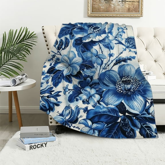 JRXY Flannel Fleece Blanket Blue and White Floral Chinoiserie Butterflies Spring White