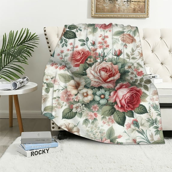 JRXY Flannel Fleece Blanket - Brown Highland Cow, Pink Watercolor Flowers Print - Anti-Pilling, Soft & Cozy - Multiple Sizes Available White