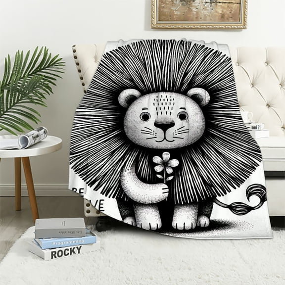 JRXY Flannel Fleece Blanket Cartoon Animal BE Brave Lion White