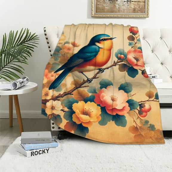 JRXY Flannel Fleece Blanket - Colorful Sparrow Singing on Magnolia Flower Tree Landscape Picture White