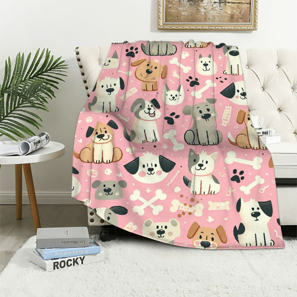 JRXY Flannel Fleece Blanket Cute Dogs Pink Ultra Soft Warm All Season Puppy Animals Decorative White