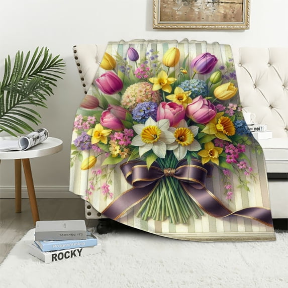 JRXY Flannel Fleece Blanket Flower Butterfly Quote Print White