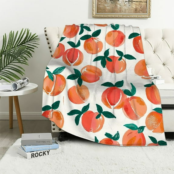 JRXY Flannel Fleece Blanket - Georgia Peaches Watercolor Peach - Anti-Pilling, Soft & Cozy, Multi-Functional - Available in Multiple Sizes White