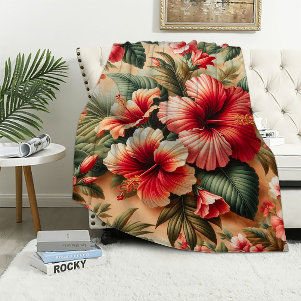 Hibiscus Floral Tropical Hawaiian Flower Palm Leaves Pattern Print Hooded Blanket