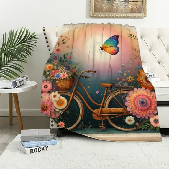 JRXY Flannel Fleece Blanket Ink Painting Watercolor Blue Bike Bicycle Purple Flowers Butterflies Decorative Lumbar White