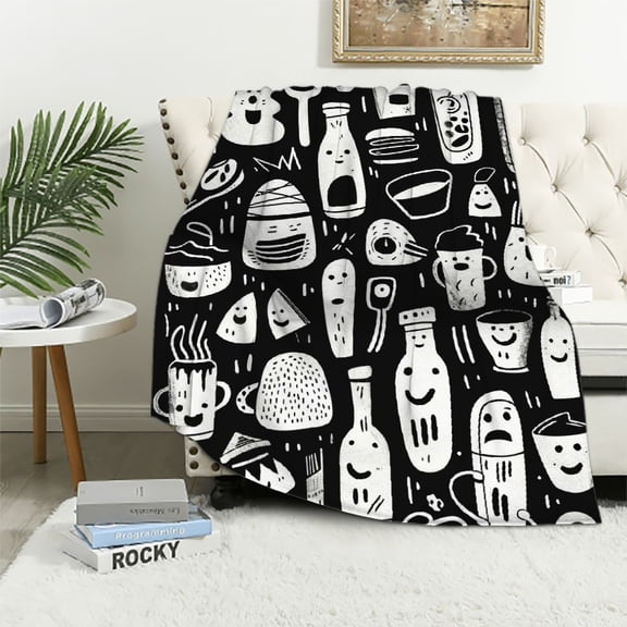 JRXY Flannel Fleece Blanket Kawaii & Smile Face Pattern Anti-Pilling Soft Cozy Lightweight Durable White
