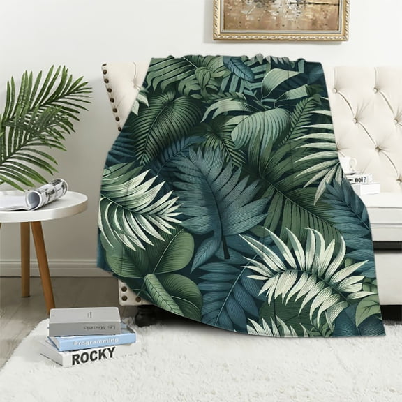 JRXY Flannel Fleece Blanket - Palm Leaf Watercolor Tropical Jungle Leaves Pattern Fresh Rainforest Hawaii Summer White