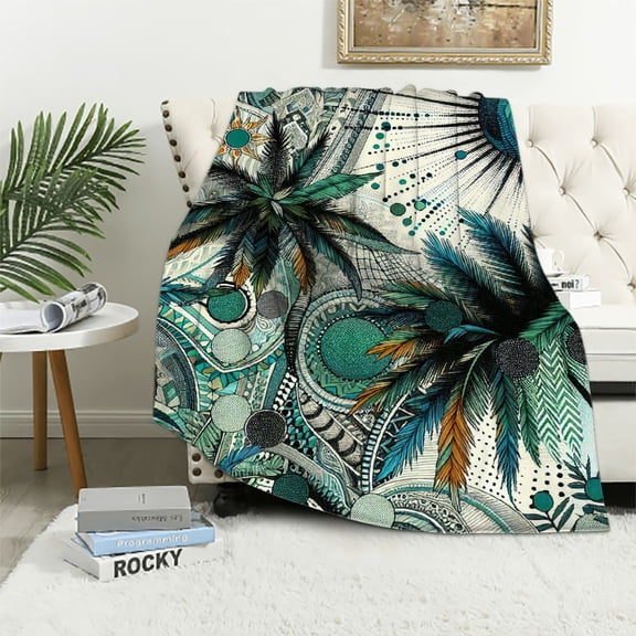 JRXY Flannel Fleece Blanket Palm Tree Leaf Summer Retro Vintage 80S - 90S White
