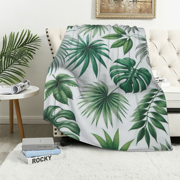 JRXY Flannel Fleece Blanket - Palm Tree Realistic Vivid Leaves of Palm Tree Growth Ecology Botany Themed White