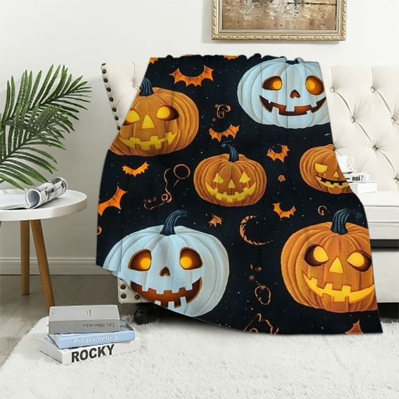 JRXY Flannel Fleece Blanket, Spider Webs Witch's Hat Black Bats and Pumpkins Print, Soft Warm Plush Throw Blanket for All Seasons, Multiple Sizes, Luxurious Fabric (Halloween Happy) 40x50in