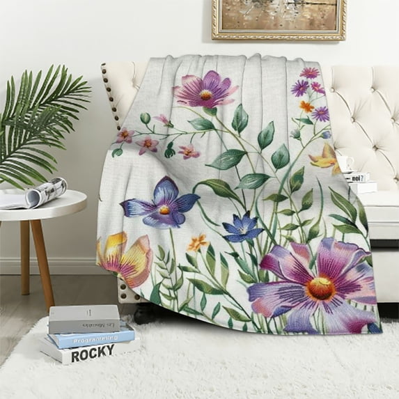 JRXY Flannel Fleece Blanket - Spring Flower Butterfly Decorations Farmhouse Seasonal Summer White