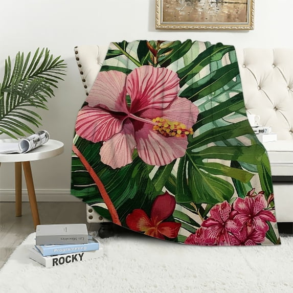 JRXY Flannel Fleece Blanket Tropical Flower Watercolor Summer Hawaii Palm Tree Leaf and Tropical Flower Decorative White