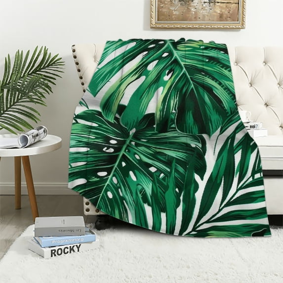 JRXY Flannel Fleece Blanket Tropical Green Leaves Summer Palm Leaf Hawaii California Tree Jungle Decor White