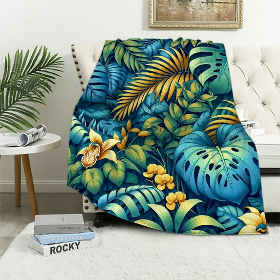 JRXY Flannel Fleece Blanket Turquoise Blue Tropical Palm Trees Leaves with Yellow Orchid Flowers White