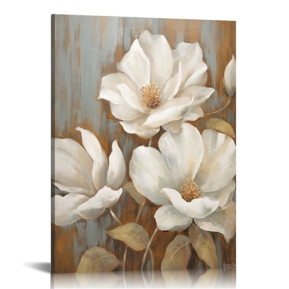 JRXY Floral Canvas Wall Art Peony Flower Picture Abstract White and Gold Painting Giclee Print Artwork Home Decor for Bedroom Bathroom Ready to Hang 24"x 32"x 1 Panel 12x16 in