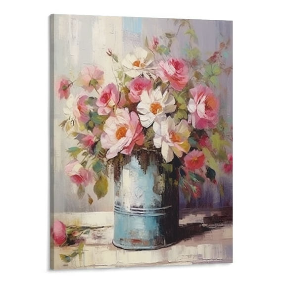 JRXY Floral Canvas Wall Art Pink Rose Rustic Farmhouse Flower Bouquet in Bottle Prints Vintage Watercolor Botanical Abstract Artwork Home Decor 16x20 Inches 16x20in