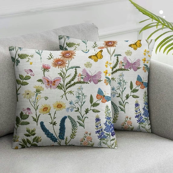 JRXY  Floral Pillow Cushion Cover, Vintage Garden Plants Herbs Flowers Botanical Classic Design Art, Decorative Square Accent Pillow Case, 2pcs, Reseda Green Beige White