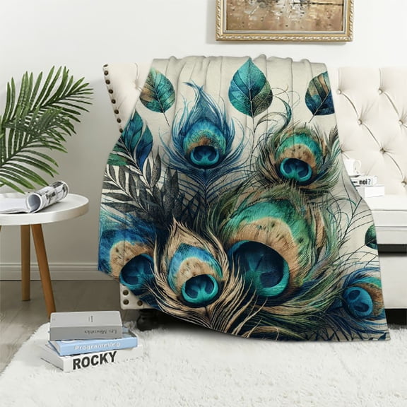 JRXY Floral Realistic Peacock Feathers Blue Shiny Foliage Luxury Flannel Fleece Blanket White