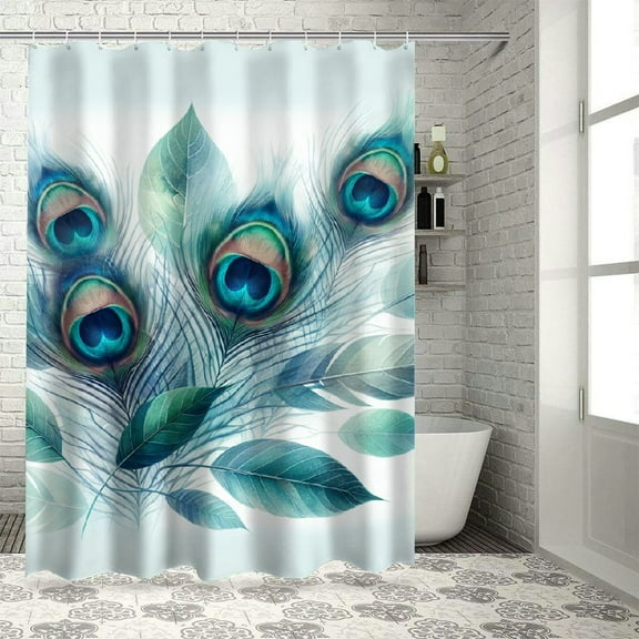 JRXY Floral Realistic Peacock Feathers Blue Shiny Foliage Square Shower Curtain Multiple Sizes White