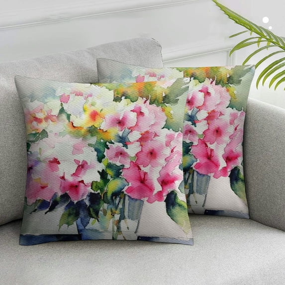 JRXY Floral Throw Pillow Cushion Cover, Hydrangea Flower Bouquet in Watercolor Blossoms Botany Petals Image, Decorative Square Accent Pillow Case, Forest Green Yellow Pink,2 Pcs White