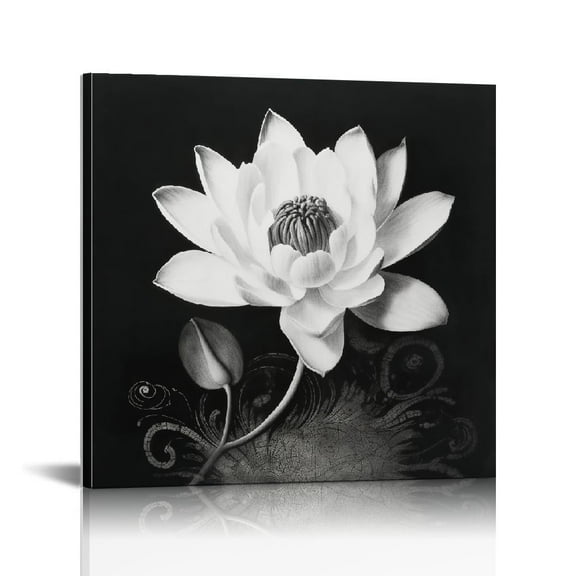 JRXY Flower Canvas Prints Art Magnolia Lily Flower Painting Black and White Floral Bloom Wall Decoration for Bedroom - Framed Ready to Hang 12x12 in