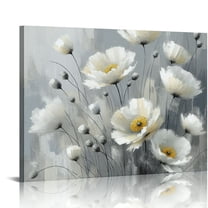 JRXY Flower Canvas Wall Art Picture: Living Room Abstract Floral Framed Painting Decor Modern White Blooming Blossom Artwork Large Botanical Wildflower Prints for Bedroom Home 20x16in
