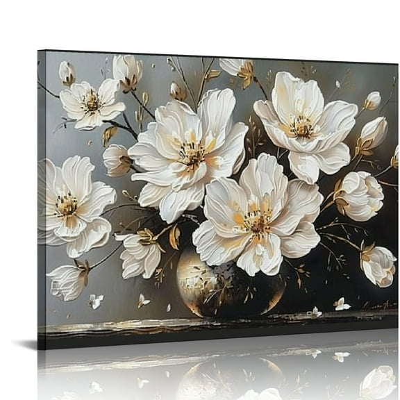 JRXY Flower Canvas Wall Art With Textured Elegant White Flower Canvas Painting Modern Abstract Canvas Painting Blooming Floral Artwork Print Poster for Living Room Bedroom Bathroom Home Office 20x16in