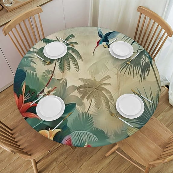 JRXY Flower Plant Leaves Trees Sunset Road, Ink Wash Nature Landscape Summer Fall Spring Table Cloth - Round Table Cover White
