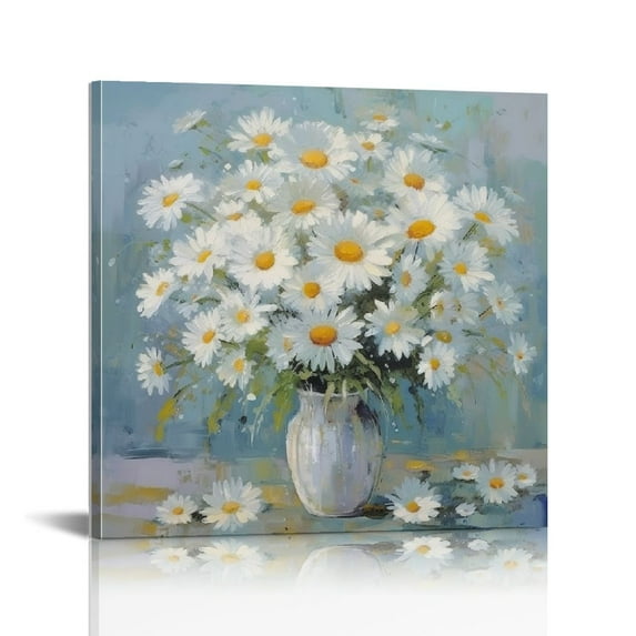 JRXY Flowers Bathroom Wall Decor Floral Canvas Wall Art White Daisy in Vase Light Blue Background Modern Gallery Prints Pictures Ready to Hang 16x16 Inch 12x12 in