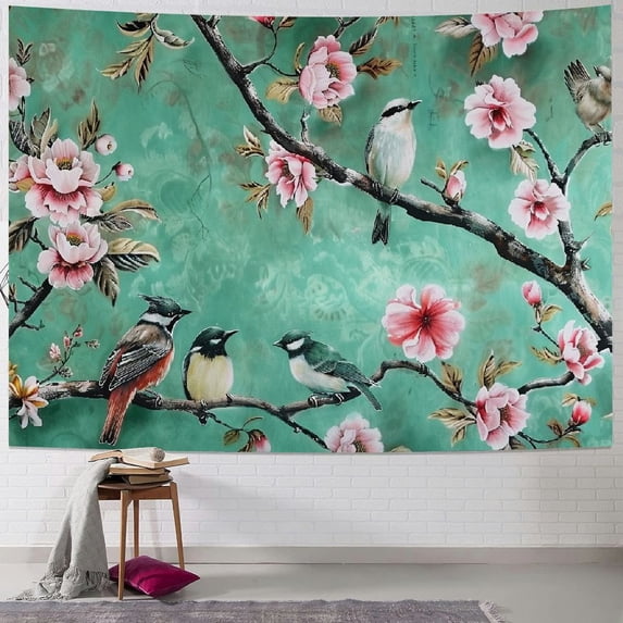 JRXY Flowers Birds Tapestry Asian Vintage Pink Cherry Blossom Peach Blossom Japanese Nature Plant Floral Wall Hanging Spring Wall Decor for Bedroom Dorm College Living Room Painting