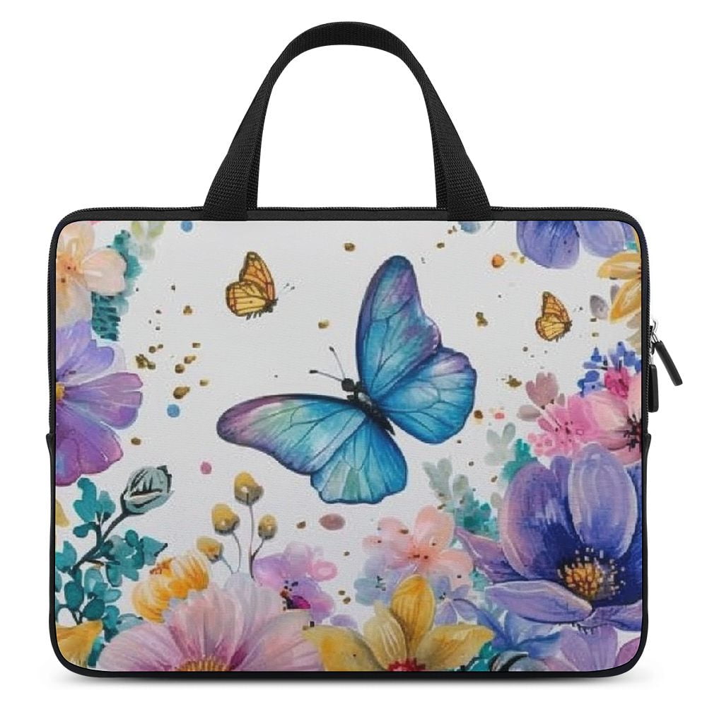JRXY Flowers Butterflies Blue Butterfly Laptop Handle Bag Diving Fabric Computer Protect Case 10inch