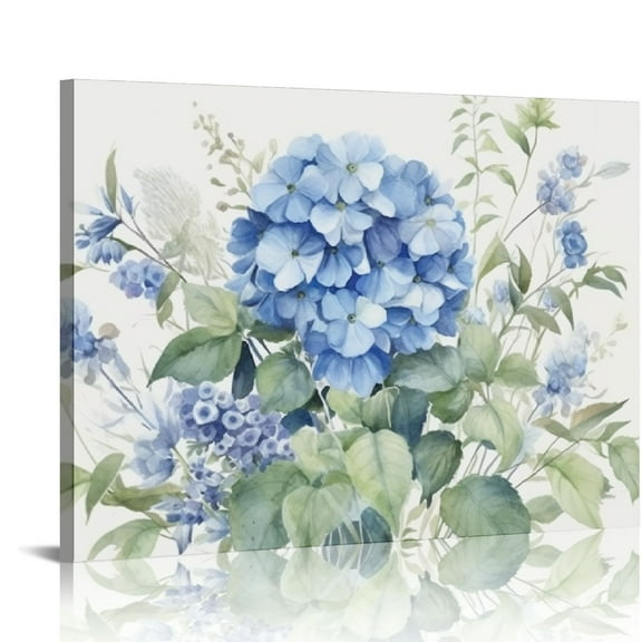 JRXY Flowers Canvas Wall Art Blue Floral Pictures Hydrangea Botanical Abstract Decor for Living Room Bedroom Office Kitchen Home 16x12in