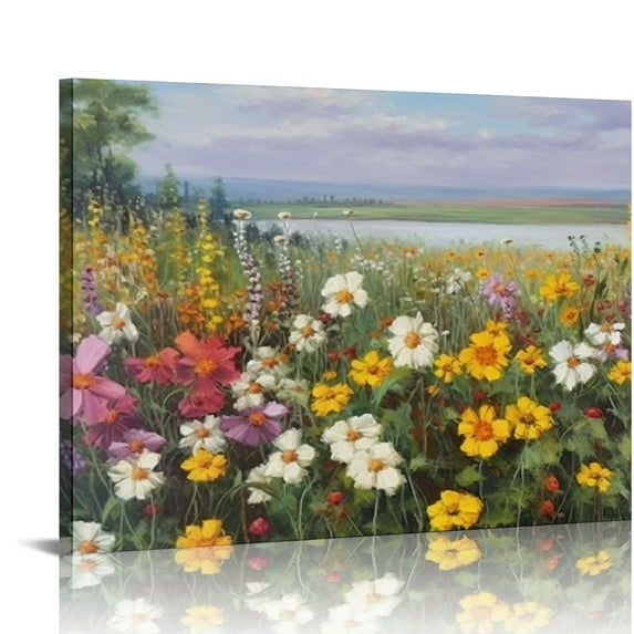JRXY Flowers Canvas Wall Art Landscape Painting Modern Fall Nature Wildflowers Colorful Daisy Floral Picture Artwork for Home Office Wall Decor 16x12in