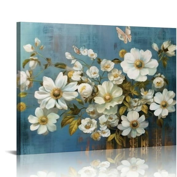 JRXY  Flowers Canvas Wall Art White Elegant Modern Picture Gold Foil Rustic Painting Colorful Turquoise Floral Large Teal Artwork for Living Room Bathroom Dining Room Home Office Decor 20x16in