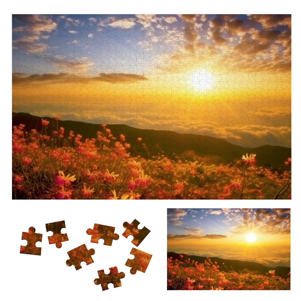 JRXY Flowers Sunset Sun Shining Through Clouds Wooden Jigsaw Puzzle ...